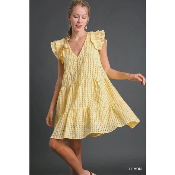 Umgee Dresses & Skirts - Umgee USA Womens Lemon Seersucker Tiered V-Neck A-Line Mini Dress Large